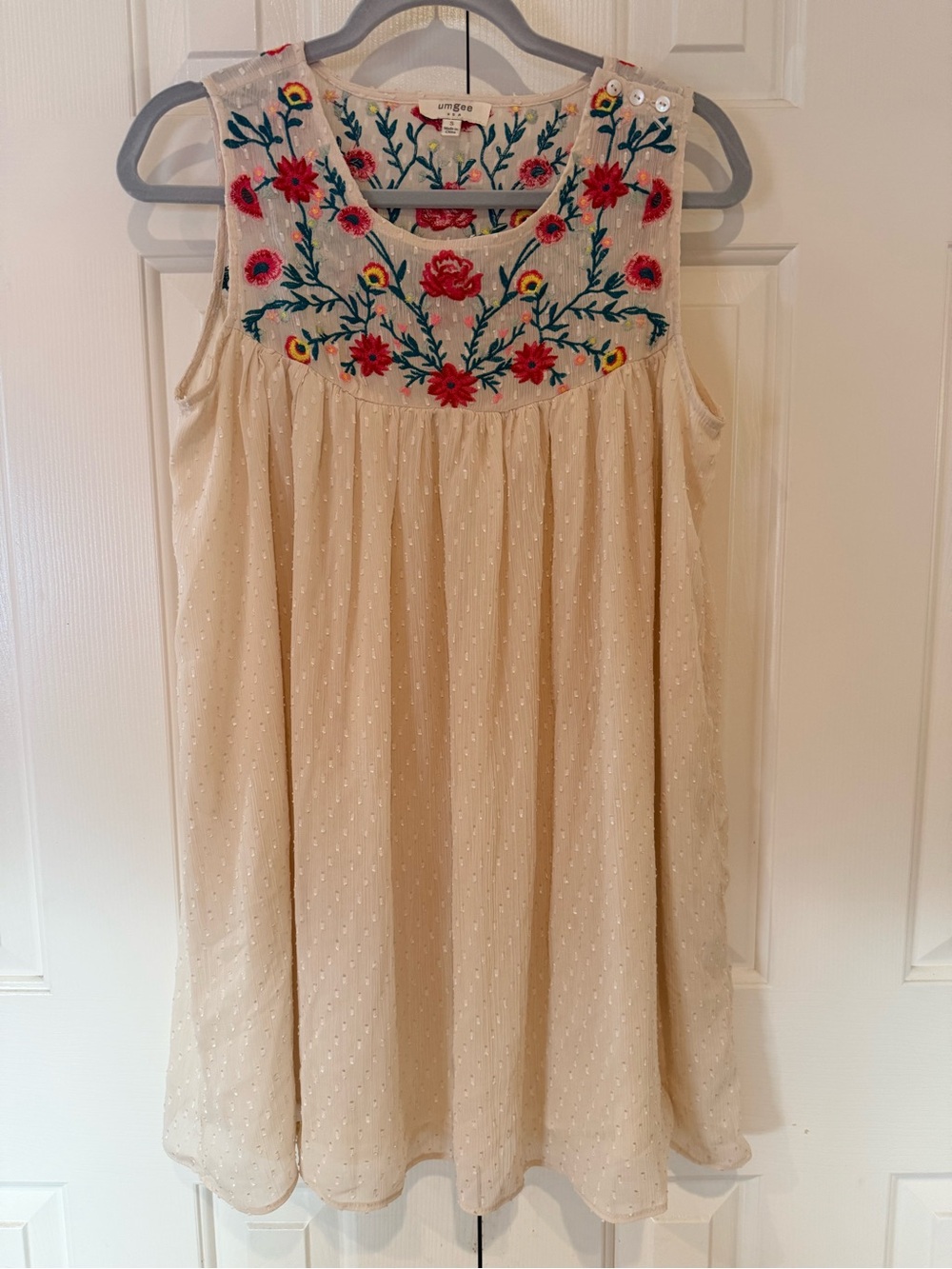 Umgee Cream Sleeveless Dress with Red & Teal Floral Embroidery
